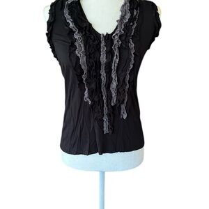 Anthropologie One September Grey & Black Ruffled Tank Top Size Petite